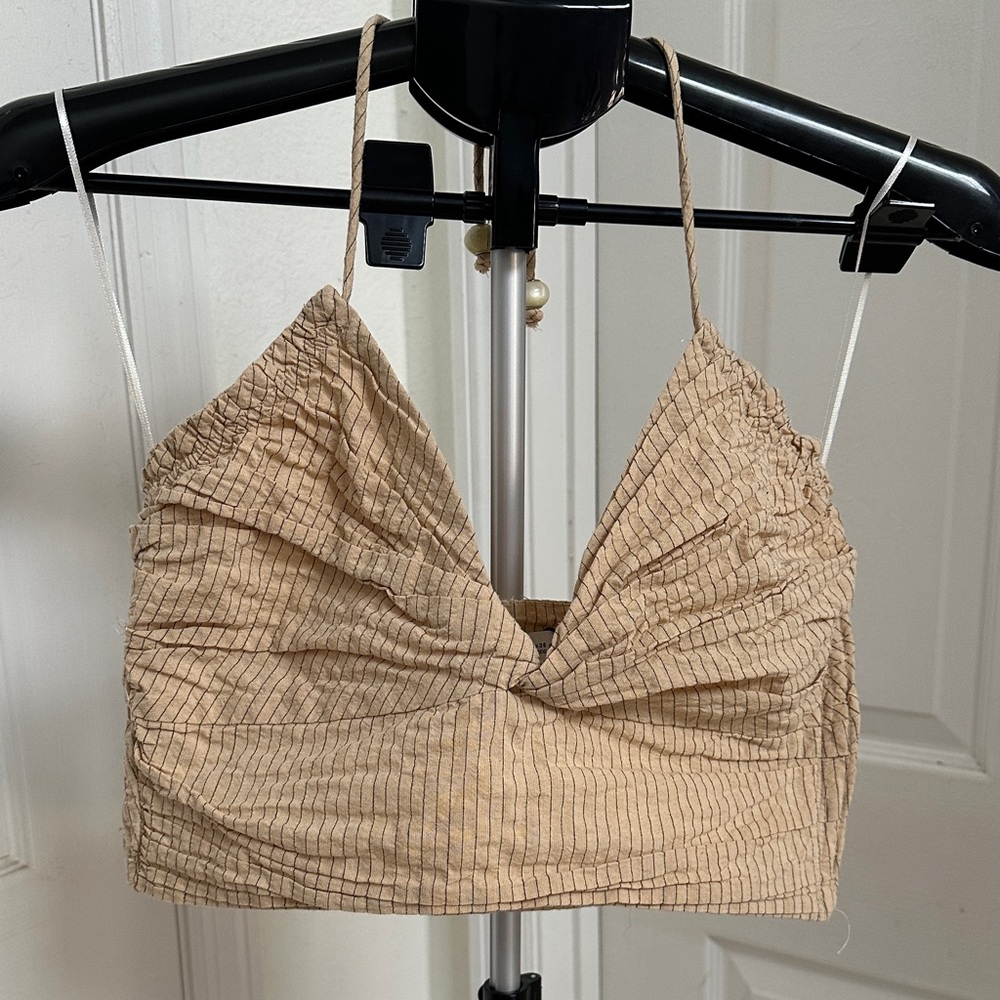 Zara Women’s Tan Stripes Ruched Crop Top in Size S